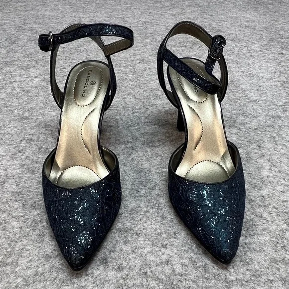 Bandolino Navy Blue Lace Glitter Pointed Toe Ankle Strap Pumps Formal Heels 7.5M - Picture 2 of 8